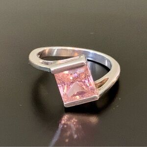 🎁 BOGO ITEM! Diamonique Pink CZ Sterling Silver Solitaire Ring, Size 7